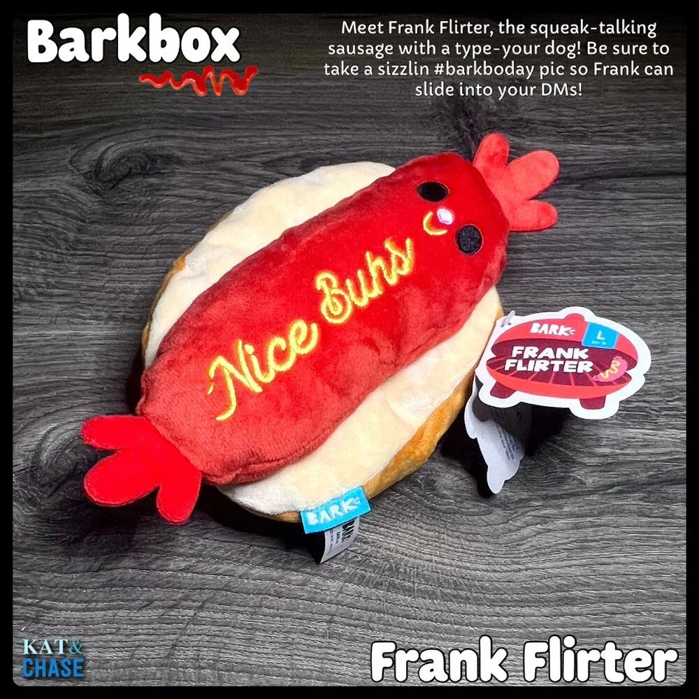 NWT Bark Box Frank Flirter L Dog Toy Large Barkyard BBQ Crinkle Squeak Hot Dog